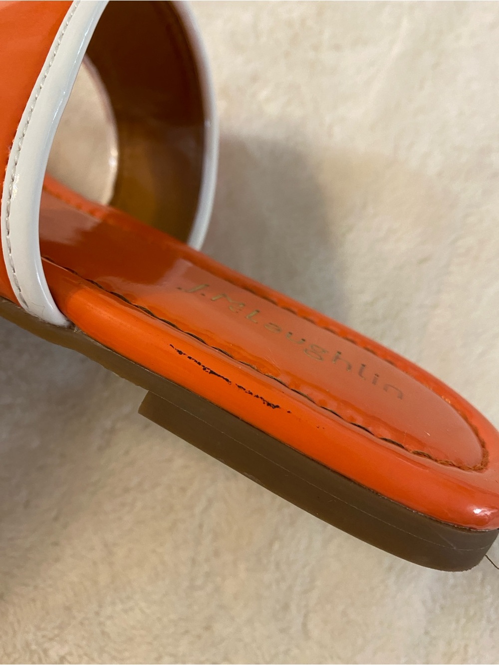 J. McLaughlin Leslie Thong Sandal Orange and White Patent 8 - Picture 6 of 7